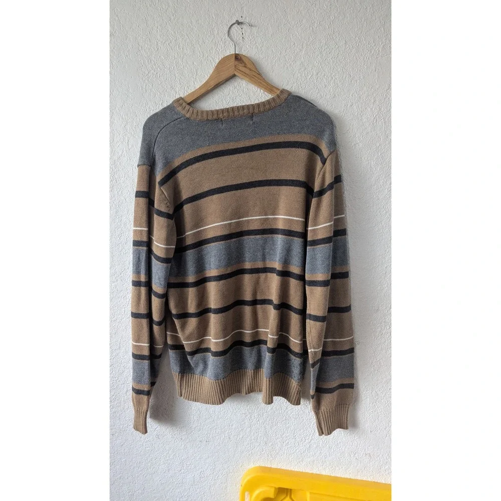 Oscar de la Renta Mens V-Neck Striped Sweater Tan Grey Black Cotton Blend‎ Large